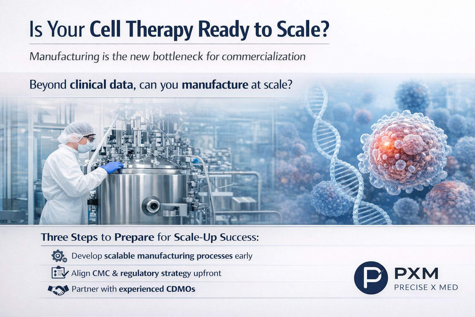 Feature image for the PXM article: Cell Therapy Companies: Manufacturing May Become Your Biggest Bottleneck